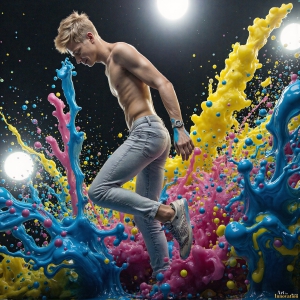 Paint Splat Fun - AI Photos of Hot men having fun with body paint. AI-generated abstract art featuring beautiful, handsome, sexy, shirtless, men, boys, lads, full of excitement joy and fun, covered in body paint, dynamic, interactive, Combining elements of realism with surreal abstract qualities, showcasing the potential of AI, in artistic expression. Photos of guys, just smiling, happy, and having a good time. Most of them are smiling because a paint bomb just blow up next to them, so I'm calling is Abstract Art. When paint attacks and makes people happy, it's Art!