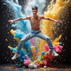 Paint Splat Fun - AI Photos of Hot men having fun with body paint. AI-generated abstract art featuring beautiful, handsome, sexy, shirtless, men, boys, lads, full of excitement joy and fun, covered in body paint, dynamic, interactive, Combining elements of realism with surreal abstract qualities, showcasing the potential of AI, in artistic expression. Photos of guys, just smiling, happy, and having a good time. Most of them are smiling because a paint bomb just blow up next to them, so I'm calling is Abstract Art. When paint attacks and makes people happy, it's Art!