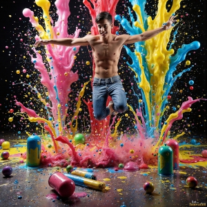 Paint Splat Fun - AI Photos of Hot men having fun with body paint. AI-generated abstract art featuring beautiful, handsome, sexy, shirtless, men, boys, lads, full of excitement joy and fun, covered in body paint, dynamic, interactive, Combining elements of realism with surreal abstract qualities, showcasing the potential of AI, in artistic expression. Photos of guys, just smiling, happy, and having a good time. Most of them are smiling because a paint bomb just blow up next to them, so I'm calling is Abstract Art. When paint attacks and makes people happy, it's Art!