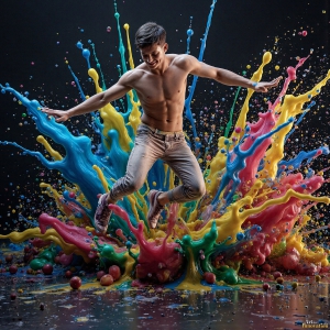 Paint Splat Fun - AI Photos of Hot men having fun with body paint. AI-generated abstract art featuring beautiful, handsome, sexy, shirtless, men, boys, lads, full of excitement joy and fun, covered in body paint, dynamic, interactive, Combining elements of realism with surreal abstract qualities, showcasing the potential of AI, in artistic expression. Photos of guys, just smiling, happy, and having a good time. Most of them are smiling because a paint bomb just blow up next to them, so I'm calling is Abstract Art. When paint attacks and makes people happy, it's Art!