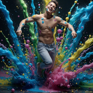 Paint Splat Fun - AI Photos of Hot men having fun with body paint. AI-generated abstract art featuring beautiful, handsome, sexy, shirtless, men, boys, lads, full of excitement joy and fun, covered in body paint, dynamic, interactive, Combining elements of realism with surreal abstract qualities, showcasing the potential of AI, in artistic expression. Photos of guys, just smiling, happy, and having a good time. Most of them are smiling because a paint bomb just blow up next to them, so I'm calling is Abstract Art. When paint attacks and makes people happy, it's Art!