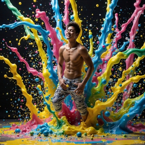 Paint Splat Fun - AI Photos of Hot men having fun with body paint. AI-generated abstract art featuring beautiful, handsome, sexy, shirtless, men, boys, lads, full of excitement joy and fun, covered in body paint, dynamic, interactive, Combining elements of realism with surreal abstract qualities, showcasing the potential of AI, in artistic expression. Photos of guys, just smiling, happy, and having a good time. Most of them are smiling because a paint bomb just blow up next to them, so I'm calling is Abstract Art. When paint attacks and makes people happy, it's Art!