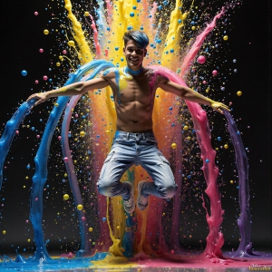 Paint Splat Fun - AI Photos of Hot men having fun with body paint. AI-generated abstract art featuring beautiful, handsome, sexy, shirtless, men, boys, lads, full of excitement joy and fun, covered in body paint, dynamic, interactive, Combining elements of realism with surreal abstract qualities, showcasing the potential of AI, in artistic expression. Photos of guys, just smiling, happy, and having a good time. Most of them are smiling because a paint bomb just blow up next to them, so I'm calling is Abstract Art. When paint attacks and makes people happy, it's Art!