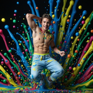 Paint Splat Fun - AI Photos of Hot men having fun with body paint. AI-generated abstract art featuring beautiful, handsome, sexy, shirtless, men, boys, lads, full of excitement joy and fun, covered in body paint, dynamic, interactive, Combining elements of realism with surreal abstract qualities, showcasing the potential of AI, in artistic expression. Photos of guys, just smiling, happy, and having a good time. Most of them are smiling because a paint bomb just blow up next to them, so I'm calling is Abstract Art. When paint attacks and makes people happy, it's Art!
