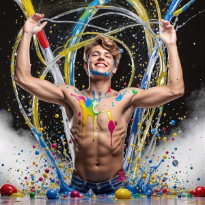 Paint Splat Fun - AI Photos of Hot men having fun with body paint. AI-generated abstract art featuring beautiful, handsome, sexy, shirtless, men, boys, lads, full of excitement joy and fun, covered in body paint, dynamic, interactive, Combining elements of realism with surreal abstract qualities, showcasing the potential of AI, in artistic expression. Photos of guys, just smiling, happy, and having a good time. Most of them are smiling because a paint bomb just blow up next to them, so I'm calling is Abstract Art. When paint attacks and makes people happy, it's Art!