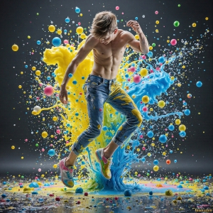 Paint Splat Fun - AI Photos of Hot men having fun with body paint. AI-generated abstract art featuring beautiful, handsome, sexy, shirtless, men, boys, lads, full of excitement joy and fun, covered in body paint, dynamic, interactive, Combining elements of realism with surreal abstract qualities, showcasing the potential of AI, in artistic expression. Photos of guys, just smiling, happy, and having a good time. Most of them are smiling because a paint bomb just blow up next to them, so I'm calling is Abstract Art. When paint attacks and makes people happy, it's Art!