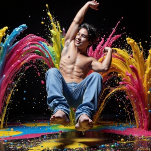 Paint Splat Fun - AI Photos of Hot men having fun with body paint. AI-generated abstract art featuring beautiful, handsome, sexy, shirtless, men, boys, lads, full of excitement joy and fun, covered in body paint, dynamic, interactive, Combining elements of realism with surreal abstract qualities, showcasing the potential of AI, in artistic expression. Photos of guys, just smiling, happy, and having a good time. Most of them are smiling because a paint bomb just blow up next to them, so I'm calling is Abstract Art. When paint attacks and makes people happy, it's Art!