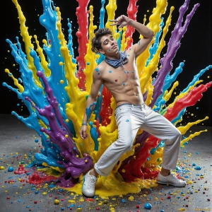 Paint Splat Fun - AI Photos of Hot men having fun with body paint. AI-generated abstract art featuring beautiful, handsome, sexy, shirtless, men, boys, lads, full of excitement joy and fun, covered in body paint, dynamic, interactive, Combining elements of realism with surreal abstract qualities, showcasing the potential of AI, in artistic expression. Photos of guys, just smiling, happy, and having a good time. Most of them are smiling because a paint bomb just blow up next to them, so I'm calling is Abstract Art. When paint attacks and makes people happy, it's Art!
