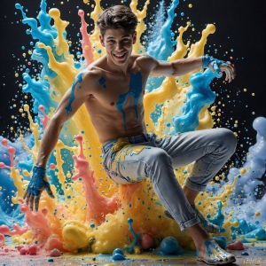 Paint Splat Fun - AI Photos of Hot men having fun with body paint. AI-generated abstract art featuring beautiful, handsome, sexy, shirtless, men, boys, lads, full of excitement joy and fun, covered in body paint, dynamic, interactive, Combining elements of realism with surreal abstract qualities, showcasing the potential of AI, in artistic expression. Photos of guys, just smiling, happy, and having a good time. Most of them are smiling because a paint bomb just blow up next to them, so I'm calling is Abstract Art. When paint attacks and makes people happy, it's Art!