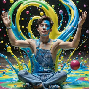 Paint Splat Fun - AI Photos of Hot men having fun with body paint. AI-generated abstract art featuring beautiful, handsome, sexy, shirtless, men, boys, lads, full of excitement joy and fun, covered in body paint, dynamic, interactive, Combining elements of realism with surreal abstract qualities, showcasing the potential of AI, in artistic expression. Photos of guys, just smiling, happy, and having a good time. Most of them are smiling because a paint bomb just blow up next to them, so I'm calling is Abstract Art. When paint attacks and makes people happy, it's Art!