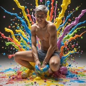Paint Splat Fun - AI Photos of Hot men having fun with body paint. AI-generated abstract art featuring beautiful, handsome, sexy, shirtless, men, boys, lads, full of excitement joy and fun, covered in body paint, dynamic, interactive, Combining elements of realism with surreal abstract qualities, showcasing the potential of AI, in artistic expression. Photos of guys, just smiling, happy, and having a good time. Most of them are smiling because a paint bomb just blow up next to them, so I'm calling is Abstract Art. When paint attacks and makes people happy, it's Art!