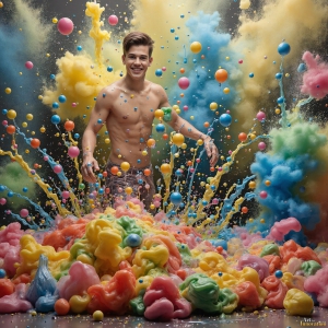Paint Splat Fun - AI Photos of Hot men having fun with body paint. AI-generated abstract art featuring beautiful, handsome, sexy, shirtless, men, boys, lads, full of excitement joy and fun, covered in body paint, dynamic, interactive, Combining elements of realism with surreal abstract qualities, showcasing the potential of AI, in artistic expression. Photos of guys, just smiling, happy, and having a good time. Most of them are smiling because a paint bomb just blow up next to them, so I'm calling is Abstract Art. When paint attacks and makes people happy, it's Art!