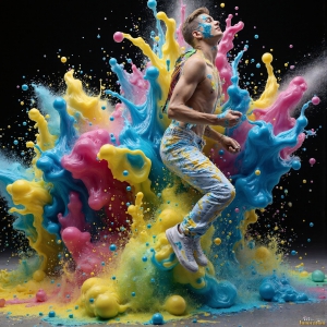 Paint Splat Fun - AI Photos of Hot men having fun with body paint. AI-generated abstract art featuring beautiful, handsome, sexy, shirtless, men, boys, lads, full of excitement joy and fun, covered in body paint, dynamic, interactive, Combining elements of realism with surreal abstract qualities, showcasing the potential of AI, in artistic expression. Photos of guys, just smiling, happy, and having a good time. Most of them are smiling because a paint bomb just blow up next to them, so I'm calling is Abstract Art. When paint attacks and makes people happy, it's Art!