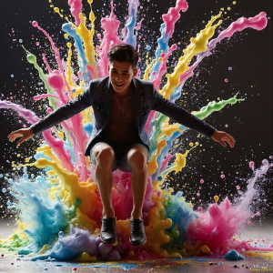 Paint Splat Fun - AI Photos of Hot men having fun with body paint. AI-generated abstract art featuring beautiful, handsome, sexy, shirtless, men, boys, lads, full of excitement joy and fun, covered in body paint, dynamic, interactive, Combining elements of realism with surreal abstract qualities, showcasing the potential of AI, in artistic expression. Photos of guys, just smiling, happy, and having a good time. Most of them are smiling because a paint bomb just blow up next to them, so I'm calling is Abstract Art. When paint attacks and makes people happy, it's Art!