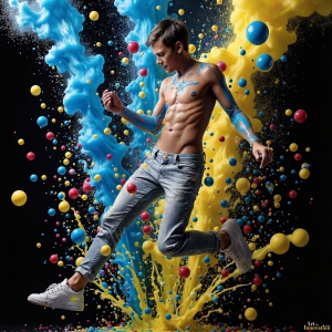 Paint Splat Fun - AI Photos of Hot men having fun with body paint. AI-generated abstract art featuring beautiful, handsome, sexy, shirtless, men, boys, lads, full of excitement joy and fun, covered in body paint, dynamic, interactive, Combining elements of realism with surreal abstract qualities, showcasing the potential of AI, in artistic expression. Photos of guys, just smiling, happy, and having a good time. Most of them are smiling because a paint bomb just blow up next to them, so I'm calling is Abstract Art. When paint attacks and makes people happy, it's Art!