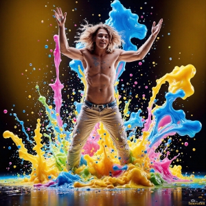 Paint Splat Fun - AI Photos of Hot men having fun with body paint. AI-generated abstract art featuring beautiful, handsome, sexy, shirtless, men, boys, lads, full of excitement joy and fun, covered in body paint, dynamic, interactive, Combining elements of realism with surreal abstract qualities, showcasing the potential of AI, in artistic expression. Photos of guys, just smiling, happy, and having a good time. Most of them are smiling because a paint bomb just blow up next to them, so I'm calling is Abstract Art. When paint attacks and makes people happy, it's Art!