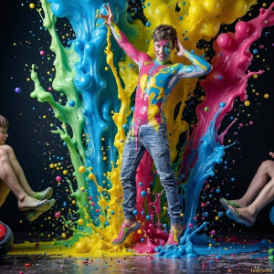 Paint Splat Fun - AI Photos of Hot men having fun with body paint. AI-generated abstract art featuring beautiful, handsome, sexy, shirtless, men, boys, lads, full of excitement joy and fun, covered in body paint, dynamic, interactive, Combining elements of realism with surreal abstract qualities, showcasing the potential of AI, in artistic expression. Photos of guys, just smiling, happy, and having a good time. Most of them are smiling because a paint bomb just blow up next to them, so I'm calling is Abstract Art. When paint attacks and makes people happy, it's Art!