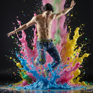 Paint Splat Fun - AI Photos of Hot men having fun with body paint. AI-generated abstract art featuring beautiful, handsome, sexy, shirtless, men, boys, lads, full of excitement joy and fun, covered in body paint, dynamic, interactive, Combining elements of realism with surreal abstract qualities, showcasing the potential of AI, in artistic expression. Photos of guys, just smiling, happy, and having a good time. Most of them are smiling because a paint bomb just blow up next to them, so I'm calling is Abstract Art. When paint attacks and makes people happy, it's Art!
