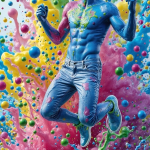 Paint Splat Fun - AI Photos of Hot men having fun with body paint. AI-generated abstract art featuring beautiful, handsome, sexy, shirtless, men, boys, lads, full of excitement joy and fun, covered in body paint, dynamic, interactive, Combining elements of realism with surreal abstract qualities, showcasing the potential of AI, in artistic expression. Photos of guys, just smiling, happy, and having a good time. Most of them are smiling because a paint bomb just blow up next to them, so I'm calling is Abstract Art. When paint attacks and makes people happy, it's Art!