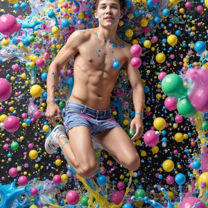 Paint Splat Fun - AI Photos of Hot men having fun with body paint. AI-generated abstract art featuring beautiful, handsome, sexy, shirtless, men, boys, lads, full of excitement joy and fun, covered in body paint, dynamic, interactive, Combining elements of realism with surreal abstract qualities, showcasing the potential of AI, in artistic expression. Photos of guys, just smiling, happy, and having a good time. Most of them are smiling because a paint bomb just blow up next to them, so I'm calling is Abstract Art. When paint attacks and makes people happy, it's Art!
