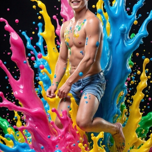 Paint Splat Fun - AI Photos of Hot men having fun with body paint. AI-generated abstract art featuring beautiful, handsome, sexy, shirtless, men, boys, lads, full of excitement joy and fun, covered in body paint, dynamic, interactive, Combining elements of realism with surreal abstract qualities, showcasing the potential of AI, in artistic expression. Photos of guys, just smiling, happy, and having a good time. Most of them are smiling because a paint bomb just blow up next to them, so I'm calling is Abstract Art. When paint attacks and makes people happy, it's Art!