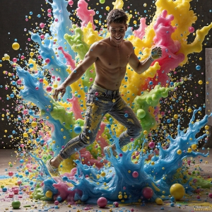 Paint Splat Fun - AI Photos of Hot men having fun with body paint. AI-generated abstract art featuring beautiful, handsome, sexy, shirtless, men, boys, lads, full of excitement joy and fun, covered in body paint, dynamic, interactive, Combining elements of realism with surreal abstract qualities, showcasing the potential of AI, in artistic expression. Photos of guys, just smiling, happy, and having a good time. Most of them are smiling because a paint bomb just blow up next to them, so I'm calling is Abstract Art. When paint attacks and makes people happy, it's Art!