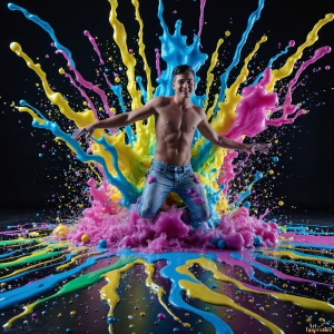 Paint Splat Fun - AI Photos of Hot men having fun with body paint. AI-generated abstract art featuring beautiful, handsome, sexy, shirtless, men, boys, lads, full of excitement joy and fun, covered in body paint, dynamic, interactive, Combining elements of realism with surreal abstract qualities, showcasing the potential of AI, in artistic expression. Photos of guys, just smiling, happy, and having a good time. Most of them are smiling because a paint bomb just blow up next to them, so I'm calling is Abstract Art. When paint attacks and makes people happy, it's Art!