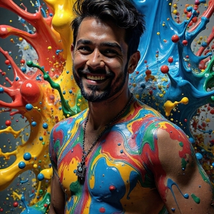 Paint Splat Fun - AI Photos of Hot men having fun with body paint. AI-generated abstract art featuring beautiful, handsome, sexy, shirtless, men, boys, lads, full of excitement joy and fun, covered in body paint, dynamic, interactive, Combining elements of realism with surreal abstract qualities, showcasing the potential of AI, in artistic expression. Photos of guys, just smiling, happy, and having a good time. Most of them are smiling because a paint bomb just blow up next to them, so I'm calling is Abstract Art. When paint attacks and makes people happy, it's Art!