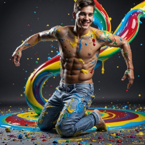 Paint Splat Fun - AI Photos of Hot men having fun with body paint. AI-generated abstract art featuring beautiful, handsome, sexy, shirtless, men, boys, lads, full of excitement joy and fun, covered in body paint, dynamic, interactive, Combining elements of realism with surreal abstract qualities, showcasing the potential of AI, in artistic expression. Photos of guys, just smiling, happy, and having a good time. Most of them are smiling because a paint bomb just blow up next to them, so I'm calling is Abstract Art. When paint attacks and makes people happy, it's Art!