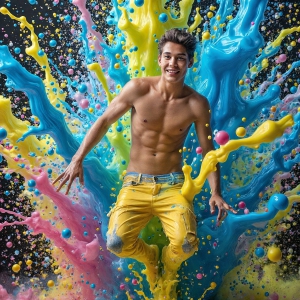 Paint Splat Fun - AI Photos of Hot men having fun with body paint. AI-generated abstract art featuring beautiful, handsome, sexy, shirtless, men, boys, lads, full of excitement joy and fun, covered in body paint, dynamic, interactive, Combining elements of realism with surreal abstract qualities, showcasing the potential of AI, in artistic expression. Photos of guys, just smiling, happy, and having a good time. Most of them are smiling because a paint bomb just blow up next to them, so I'm calling is Abstract Art. When paint attacks and makes people happy, it's Art!