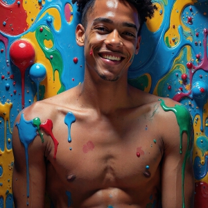 Paint Splat Fun - AI Photos of Hot men having fun with body paint. AI-generated abstract art featuring beautiful, handsome, sexy, shirtless, men, boys, lads, full of excitement joy and fun, covered in body paint, dynamic, interactive, Combining elements of realism with surreal abstract qualities, showcasing the potential of AI, in artistic expression. Photos of guys, just smiling, happy, and having a good time. Most of them are smiling because a paint bomb just blow up next to them, so I'm calling is Abstract Art. When paint attacks and makes people happy, it's Art!