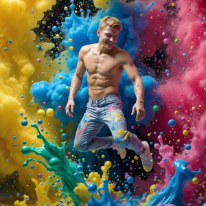 Paint Splat Fun - AI Photos of Hot men having fun with body paint. AI-generated abstract art featuring beautiful, handsome, sexy, shirtless, men, boys, lads, full of excitement joy and fun, covered in body paint, dynamic, interactive, Combining elements of realism with surreal abstract qualities, showcasing the potential of AI, in artistic expression. Photos of guys, just smiling, happy, and having a good time. Most of them are smiling because a paint bomb just blow up next to them, so I'm calling is Abstract Art. When paint attacks and makes people happy, it's Art!
