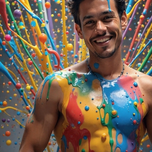 Paint Splat Fun - AI Photos of Hot men having fun with body paint. AI-generated abstract art featuring beautiful, handsome, sexy, shirtless, men, boys, lads, full of excitement joy and fun, covered in body paint, dynamic, interactive, Combining elements of realism with surreal abstract qualities, showcasing the potential of AI, in artistic expression. Photos of guys, just smiling, happy, and having a good time. Most of them are smiling because a paint bomb just blow up next to them, so I'm calling is Abstract Art. When paint attacks and makes people happy, it's Art!