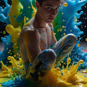 Paint Splat Fun - AI Photos of Hot men having fun with body paint. AI-generated abstract art featuring beautiful, handsome, sexy, shirtless, men, boys, lads, full of excitement joy and fun, covered in body paint, dynamic, interactive, Combining elements of realism with surreal abstract qualities, showcasing the potential of AI, in artistic expression. Photos of guys, just smiling, happy, and having a good time. Most of them are smiling because a paint bomb just blow up next to them, so I'm calling is Abstract Art. When paint attacks and makes people happy, it's Art!