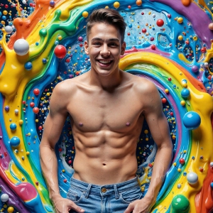 Paint Splat Fun - AI Photos of Hot men having fun with body paint. AI-generated abstract art featuring beautiful, handsome, sexy, shirtless, men, boys, lads, full of excitement joy and fun, covered in body paint, dynamic, interactive, Combining elements of realism with surreal abstract qualities, showcasing the potential of AI, in artistic expression. Photos of guys, just smiling, happy, and having a good time. Most of them are smiling because a paint bomb just blow up next to them, so I'm calling is Abstract Art. When paint attacks and makes people happy, it's Art!