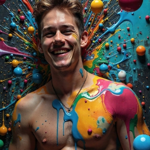 Paint Splat Fun - AI Photos of Hot men having fun with body paint. AI-generated abstract art featuring beautiful, handsome, sexy, shirtless, men, boys, lads, full of excitement joy and fun, covered in body paint, dynamic, interactive, Combining elements of realism with surreal abstract qualities, showcasing the potential of AI, in artistic expression. Photos of guys, just smiling, happy, and having a good time. Most of them are smiling because a paint bomb just blow up next to them, so I'm calling is Abstract Art. When paint attacks and makes people happy, it's Art!
