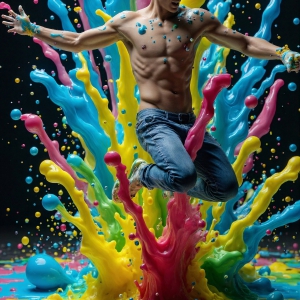 Paint Splat Fun - AI Photos of Hot men having fun with body paint. AI-generated abstract art featuring beautiful, handsome, sexy, shirtless, men, boys, lads, full of excitement joy and fun, covered in body paint, dynamic, interactive, Combining elements of realism with surreal abstract qualities, showcasing the potential of AI, in artistic expression. Photos of guys, just smiling, happy, and having a good time. Most of them are smiling because a paint bomb just blow up next to them, so I'm calling is Abstract Art. When paint attacks and makes people happy, it's Art!