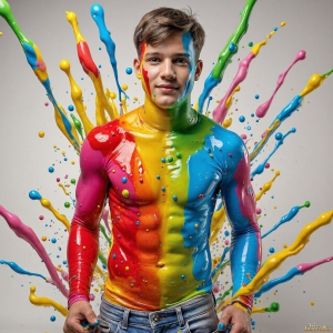 Paint Splat Fun - AI Photos of Hot men having fun with body paint. AI-generated abstract art featuring beautiful, handsome, sexy, shirtless, men, boys, lads, full of excitement joy and fun, covered in body paint, dynamic, interactive, Combining elements of realism with surreal abstract qualities, showcasing the potential of AI, in artistic expression. Photos of guys, just smiling, happy, and having a good time. Most of them are smiling because a paint bomb just blow up next to them, so I'm calling is Abstract Art. When paint attacks and makes people happy, it's Art!