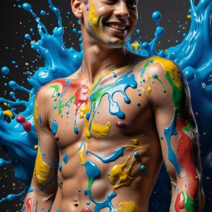 Paint Splat Fun - AI Photos of Hot men having fun with body paint. AI-generated abstract art featuring beautiful, handsome, sexy, shirtless, men, boys, lads, full of excitement joy and fun, covered in body paint, dynamic, interactive, Combining elements of realism with surreal abstract qualities, showcasing the potential of AI, in artistic expression. Photos of guys, just smiling, happy, and having a good time. Most of them are smiling because a paint bomb just blow up next to them, so I'm calling is Abstract Art. When paint attacks and makes people happy, it's Art!