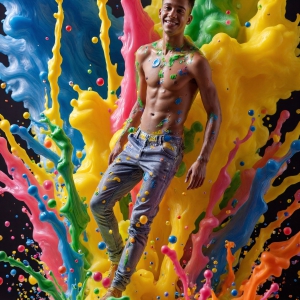 Paint Splat Fun - AI Photos of Hot men having fun with body paint. AI-generated abstract art featuring beautiful, handsome, sexy, shirtless, men, boys, lads, full of excitement joy and fun, covered in body paint, dynamic, interactive, Combining elements of realism with surreal abstract qualities, showcasing the potential of AI, in artistic expression. Photos of guys, just smiling, happy, and having a good time. Most of them are smiling because a paint bomb just blow up next to them, so I'm calling is Abstract Art. When paint attacks and makes people happy, it's Art!