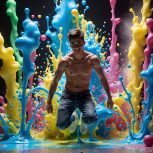 Paint Splat Fun - AI Photos of Hot men having fun with body paint. AI-generated abstract art featuring beautiful, handsome, sexy, shirtless, men, boys, lads, full of excitement joy and fun, covered in body paint, dynamic, interactive, Combining elements of realism with surreal abstract qualities, showcasing the potential of AI, in artistic expression. Photos of guys, just smiling, happy, and having a good time. Most of them are smiling because a paint bomb just blow up next to them, so I'm calling is Abstract Art. When paint attacks and makes people happy, it's Art!