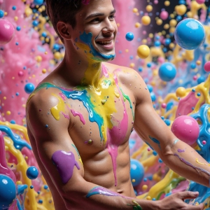 Paint Splat Fun - AI Photos of Hot men having fun with body paint. AI-generated abstract art featuring beautiful, handsome, sexy, shirtless, men, boys, lads, full of excitement joy and fun, covered in body paint, dynamic, interactive, Combining elements of realism with surreal abstract qualities, showcasing the potential of AI, in artistic expression. Photos of guys, just smiling, happy, and having a good time. Most of them are smiling because a paint bomb just blow up next to them, so I'm calling is Abstract Art. When paint attacks and makes people happy, it's Art!