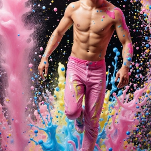 Paint Splat Fun - AI Photos of Hot men having fun with body paint. AI-generated abstract art featuring beautiful, handsome, sexy, shirtless, men, boys, lads, full of excitement joy and fun, covered in body paint, dynamic, interactive, Combining elements of realism with surreal abstract qualities, showcasing the potential of AI, in artistic expression. Photos of guys, just smiling, happy, and having a good time. Most of them are smiling because a paint bomb just blow up next to them, so I'm calling is Abstract Art. When paint attacks and makes people happy, it's Art!