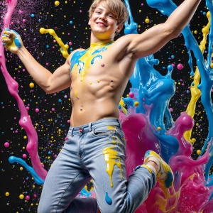 Paint Splat Fun - AI Photos of Hot men having fun with body paint. AI-generated abstract art featuring beautiful, handsome, sexy, shirtless, men, boys, lads, full of excitement joy and fun, covered in body paint, dynamic, interactive, Combining elements of realism with surreal abstract qualities, showcasing the potential of AI, in artistic expression. Photos of guys, just smiling, happy, and having a good time. Most of them are smiling because a paint bomb just blow up next to them, so I'm calling is Abstract Art. When paint attacks and makes people happy, it's Art!