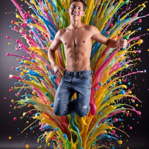 Paint Splat Fun - AI Photos of Hot men having fun with body paint. AI-generated abstract art featuring beautiful, handsome, sexy, shirtless, men, boys, lads, full of excitement joy and fun, covered in body paint, dynamic, interactive, Combining elements of realism with surreal abstract qualities, showcasing the potential of AI, in artistic expression. Photos of guys, just smiling, happy, and having a good time. Most of them are smiling because a paint bomb just blow up next to them, so I'm calling is Abstract Art. When paint attacks and makes people happy, it's Art!