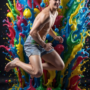 Paint Splat Fun - AI Photos of Hot men having fun with body paint. AI-generated abstract art featuring beautiful, handsome, sexy, shirtless, men, boys, lads, full of excitement joy and fun, covered in body paint, dynamic, interactive, Combining elements of realism with surreal abstract qualities, showcasing the potential of AI, in artistic expression. Photos of guys, just smiling, happy, and having a good time. Most of them are smiling because a paint bomb just blow up next to them, so I'm calling is Abstract Art. When paint attacks and makes people happy, it's Art!