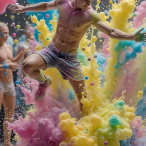 Paint Splat Fun - AI Photos of Hot men having fun with body paint. AI-generated abstract art featuring beautiful, handsome, sexy, shirtless, men, boys, lads, full of excitement joy and fun, covered in body paint, dynamic, interactive, Combining elements of realism with surreal abstract qualities, showcasing the potential of AI, in artistic expression. Photos of guys, just smiling, happy, and having a good time. Most of them are smiling because a paint bomb just blow up next to them, so I'm calling is Abstract Art. When paint attacks and makes people happy, it's Art!