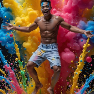 Paint Splat Fun - AI Photos of Hot men having fun with body paint. AI-generated abstract art featuring beautiful, handsome, sexy, shirtless, men, boys, lads, full of excitement joy and fun, covered in body paint, dynamic, interactive, Combining elements of realism with surreal abstract qualities, showcasing the potential of AI, in artistic expression. Photos of guys, just smiling, happy, and having a good time. Most of them are smiling because a paint bomb just blow up next to them, so I'm calling is Abstract Art. When paint attacks and makes people happy, it's Art!