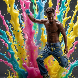 Paint Splat Fun - AI Photos of Hot men having fun with body paint. AI-generated abstract art featuring beautiful, handsome, sexy, shirtless, men, boys, lads, full of excitement joy and fun, covered in body paint, dynamic, interactive, Combining elements of realism with surreal abstract qualities, showcasing the potential of AI, in artistic expression. Photos of guys, just smiling, happy, and having a good time. Most of them are smiling because a paint bomb just blow up next to them, so I'm calling is Abstract Art. When paint attacks and makes people happy, it's Art!