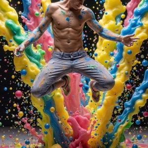 Paint Splat Fun - AI Photos of Hot men having fun with body paint. AI-generated abstract art featuring beautiful, handsome, sexy, shirtless, men, boys, lads, full of excitement joy and fun, covered in body paint, dynamic, interactive, Combining elements of realism with surreal abstract qualities, showcasing the potential of AI, in artistic expression. Photos of guys, just smiling, happy, and having a good time. Most of them are smiling because a paint bomb just blow up next to them, so I'm calling is Abstract Art. When paint attacks and makes people happy, it's Art!